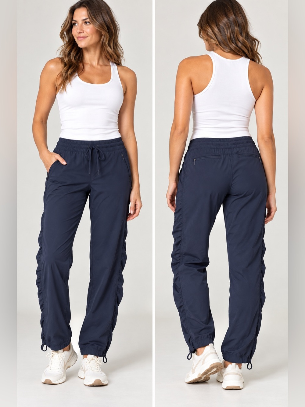 Athleta Lined La Viva Pants Size 10 Navy Ruched Adjustable Hem Stretch